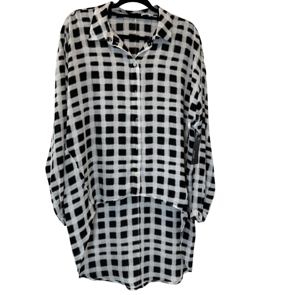 a.n.a Blouse Womens Large Crema Plaid Black White High Low‎ Button Down NEW